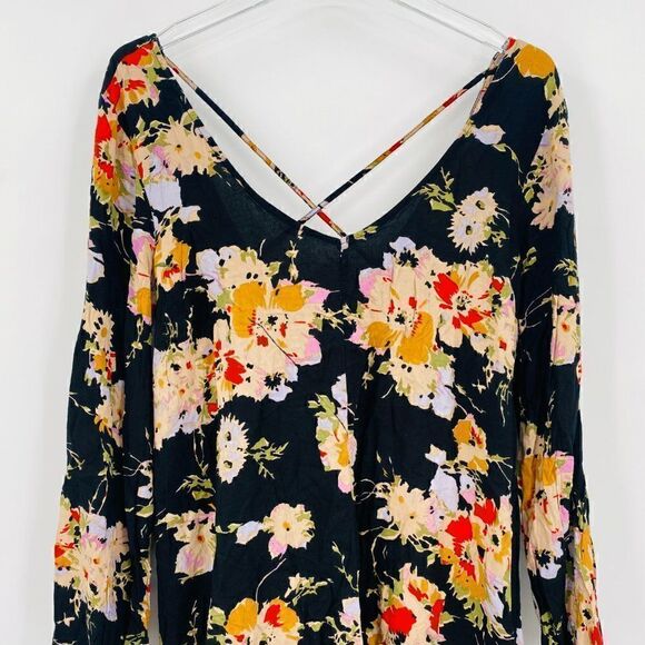 Billabong Size Large Black Secret Moons Long Sleeve Floral Boho Romper - Picture 4 of 12